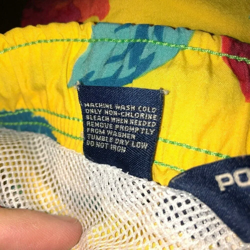 VTG Polo Sport Ralph Lauren Mens Large Yellow Floral Hawaiian Shorts Swim Trunks